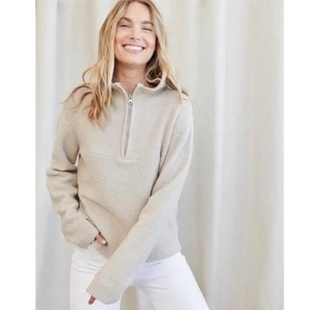 Jenni Kayne Boucle Merino Wool Half Zip Sweater in Sand